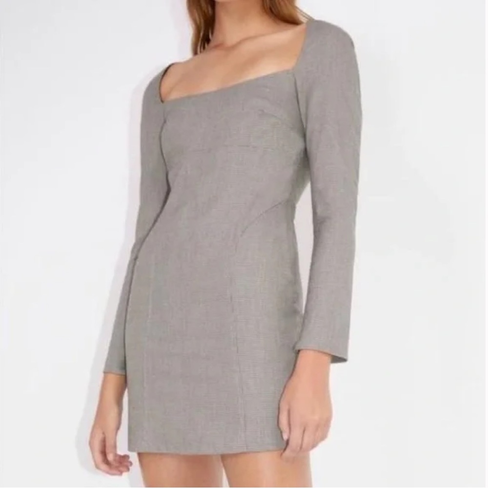 ZARA Tailored Brown Plaid Square Neckline Mini Long Sleeve Dress Houndstooth NWT